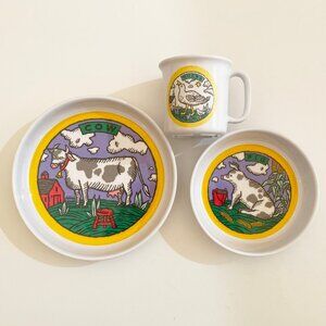 Dansk "Farm Friends" Kids Melamine 3-Piece Plate Bowl Cup Dish Set Cow Pig Duck